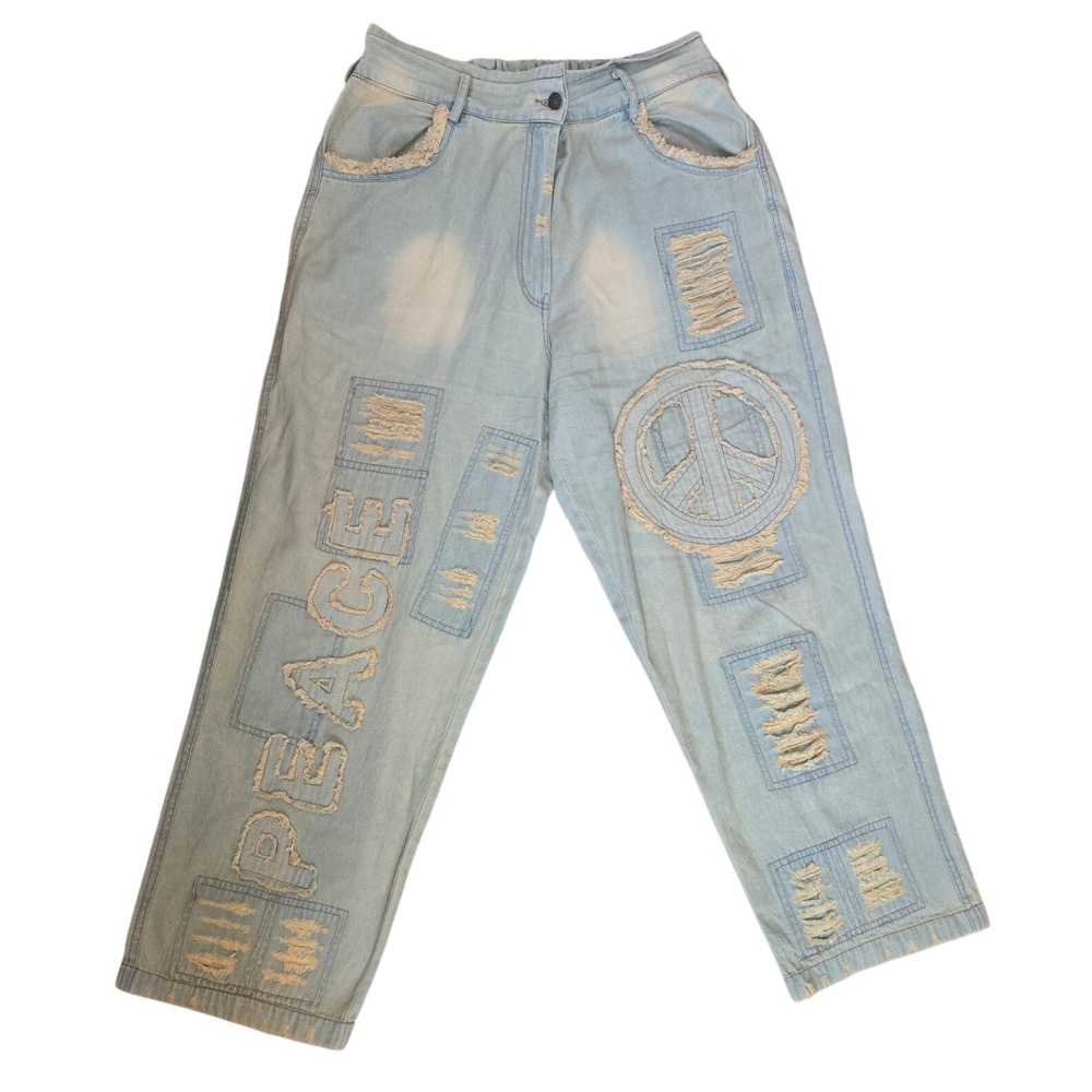 Paper‎ Lace Jeans High Waisted Wide Leg Distressed Patchwork Hippie Boho Medium